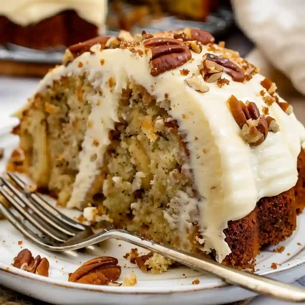 A slice of moist banana bundt cake topped with creamy frosting and chopped pecans on a white plate.