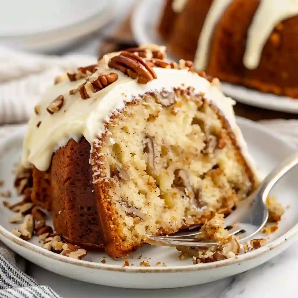 A slice of moist banana bundt cake