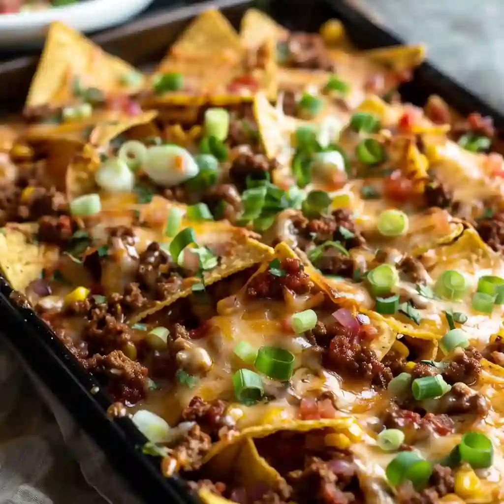 Close-up of cheesy beef nachos