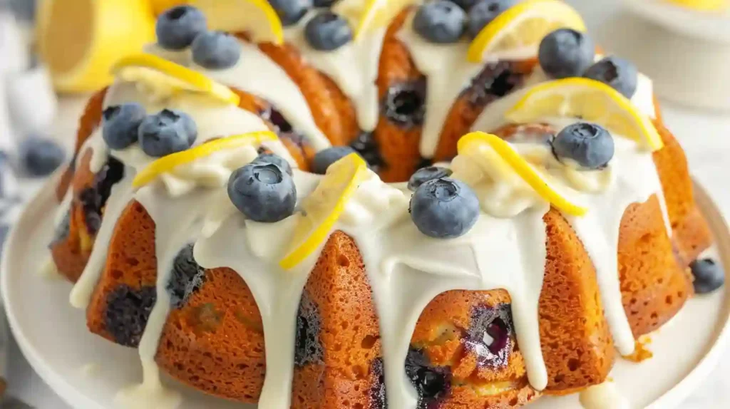 Homemade blueberry lemon bundt cake with cream cheese frosting, topped with fresh blueberries and lemon slices.