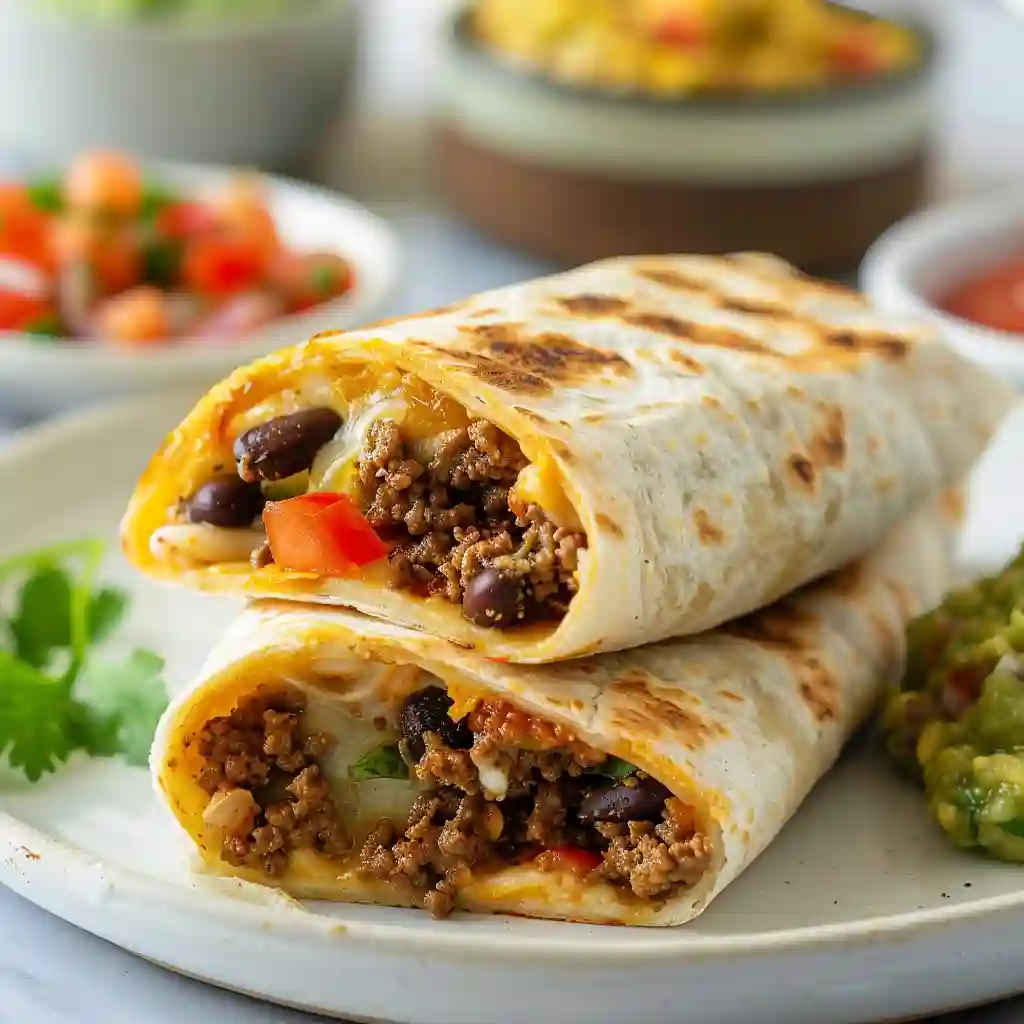 Square close-up image of a golden toasted beef burrito cut open, filled with ground beef, black beans, and melted cheese, served on a plate with salsa and guacamole in the background.