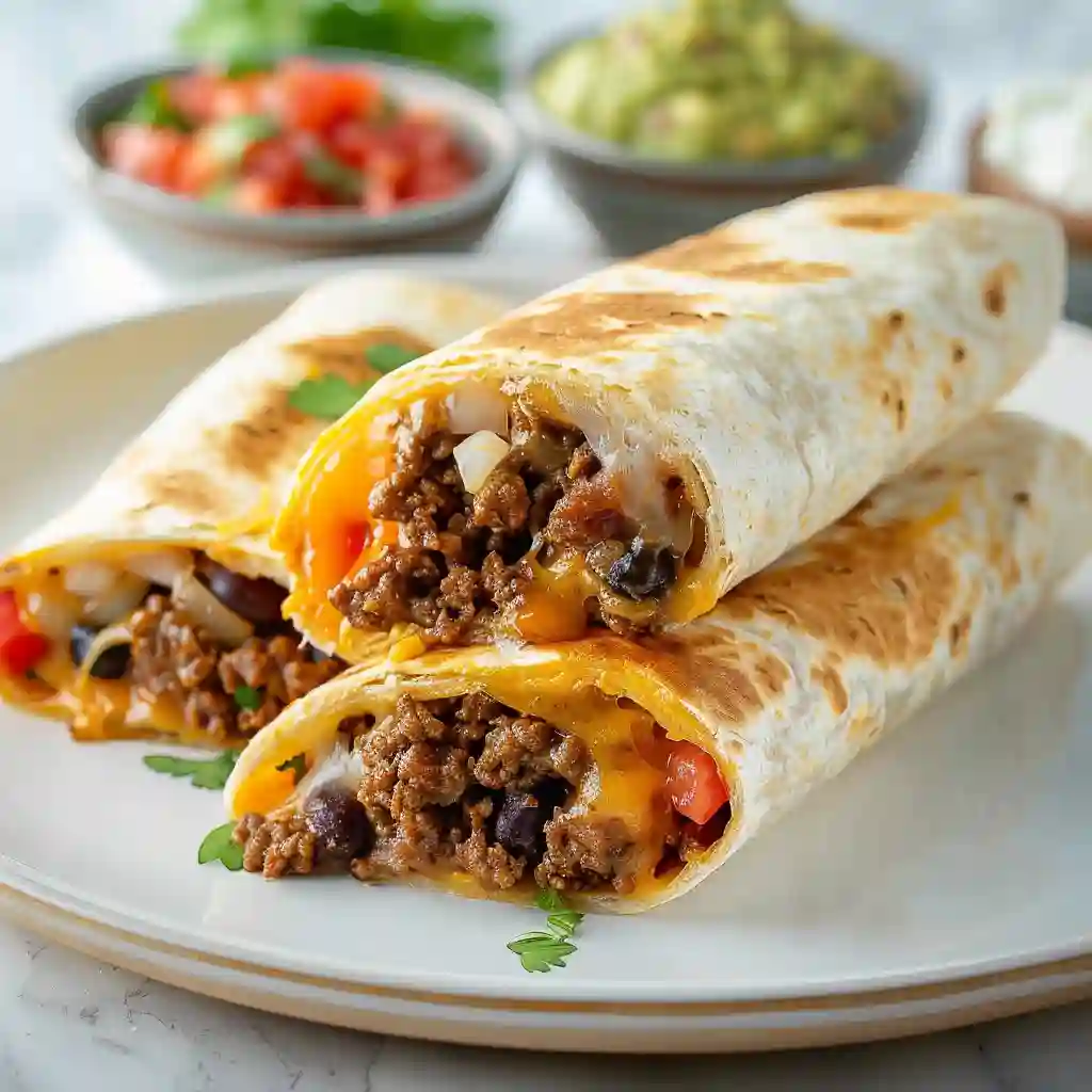 Square close-up image of a golden toasted beef burrito cut open