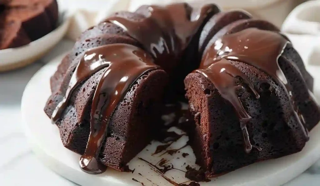Close-up of a rich chocolate Bundt cake covered with glossy fudge icing on a white marble surface