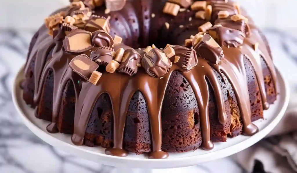 Close-up of a chocolate peanut butter bundt cake drizzled with peanut butter and chocolate ganache, topped with chopped Reese’s cups on a white plate.