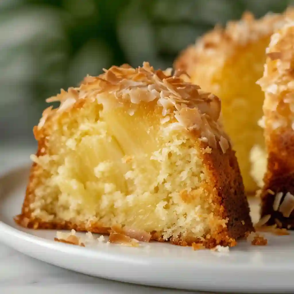 Close-up of a moist slice of coconut pineapple bundt cake showing its soft crumb and golden coconut topping