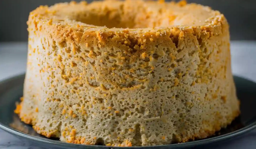 Fluffy homemade coffee chiffon cake on a dark plate, golden brown top, soft texture on white marble countertop