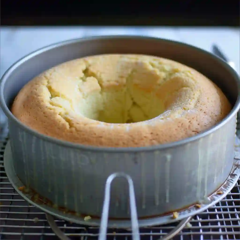 Golden vanilla chiffon cake cooling in a tube pan on a white marble surface