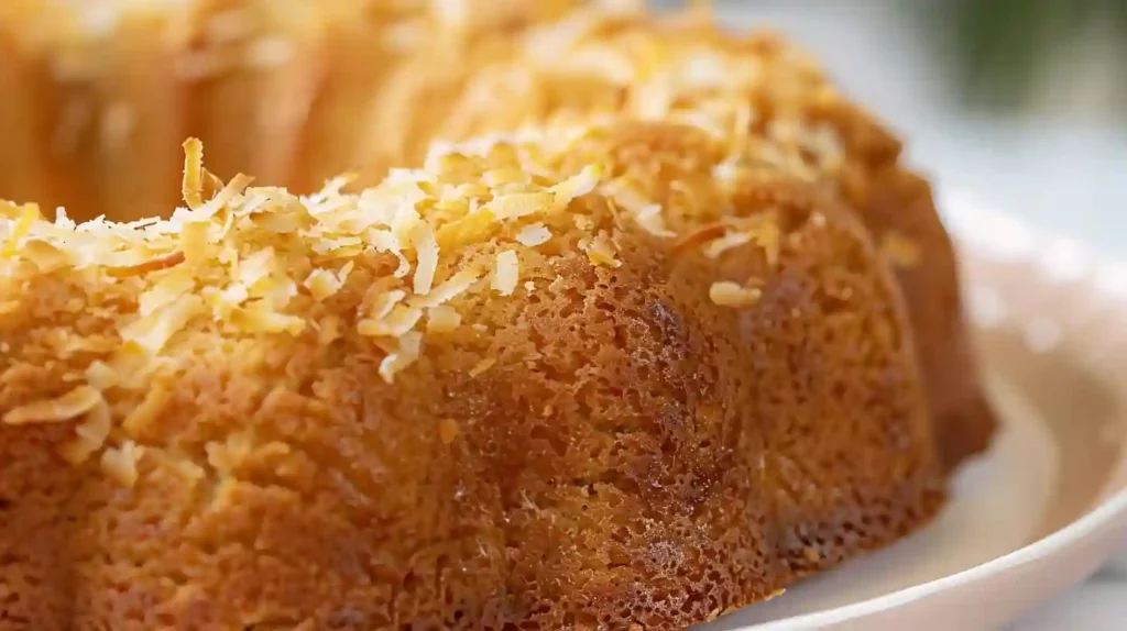 Moist golden coconut pineapple bundt cake topped with toasted shredded coconut