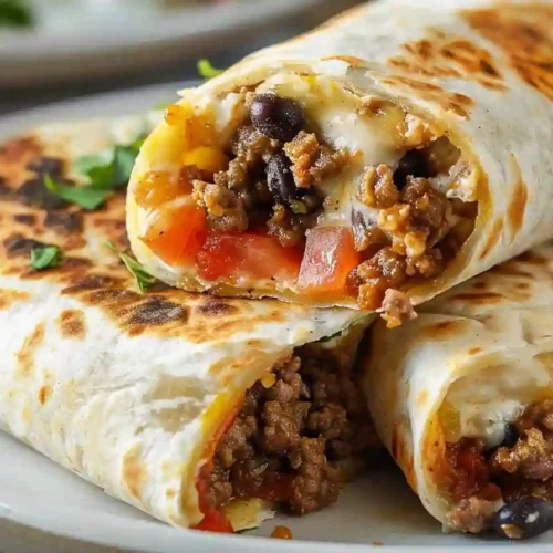 Close-up of homemade beef burritos with melted cheese, black beans, and golden toasted tortilla on a white plate.