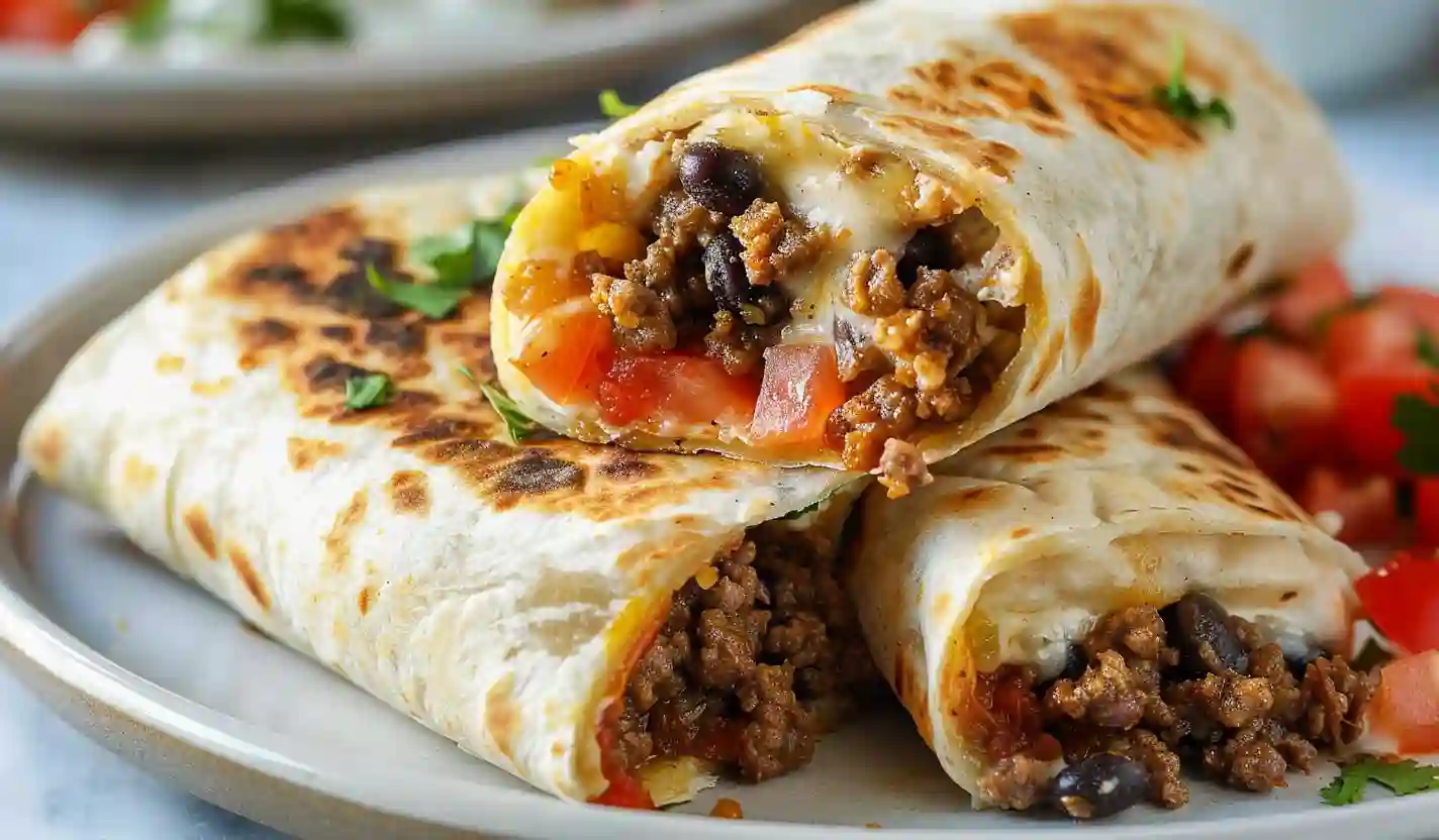 Close-up of homemade beef burritos with melted cheese, black beans, and golden toasted tortilla on a white plate.
