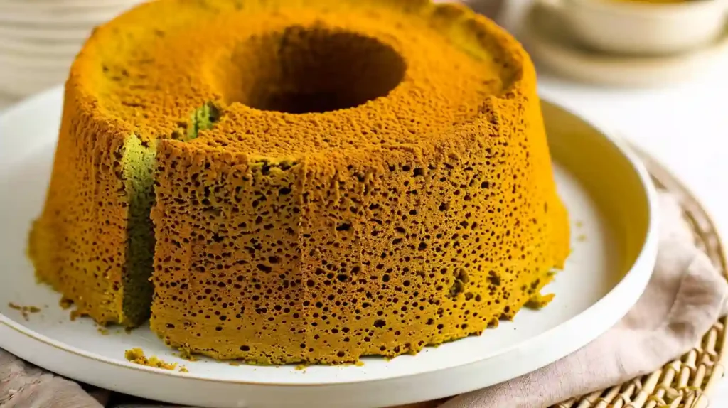 Close-up of a homemade matcha chiffon cake with a soft, airy texture and a slice cut out, served on a white plate.