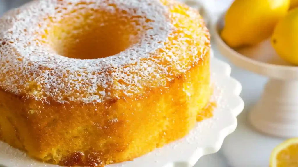 Homemade Meyer Lemon Chiffon Cake on a marble countertop