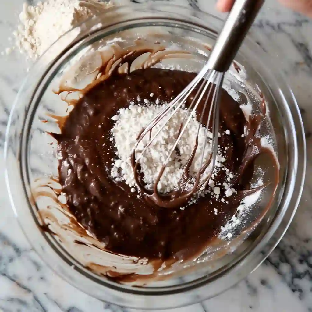 Overhead view of chocolate mixture being combined with flour in a glass bowl using a whisk