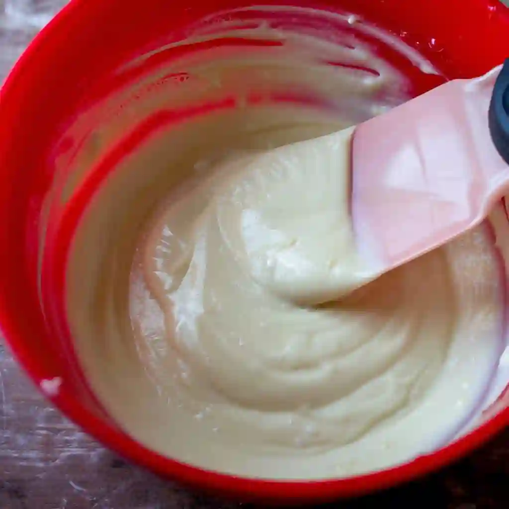 Smooth vanilla chiffon cake batter in a red mixing bowl on a white marble surface