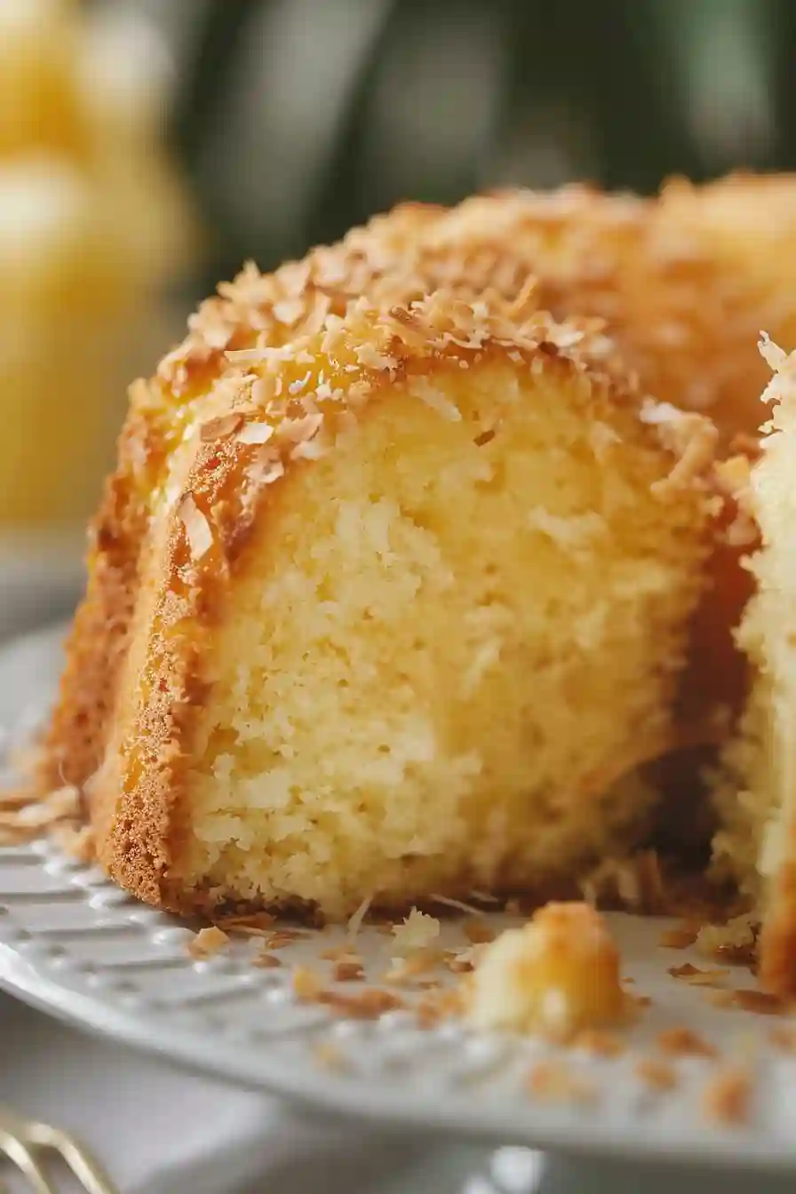 Close-up vertical shot of a moist slice of coconut pineapple bundt cake with toasted coconut topping