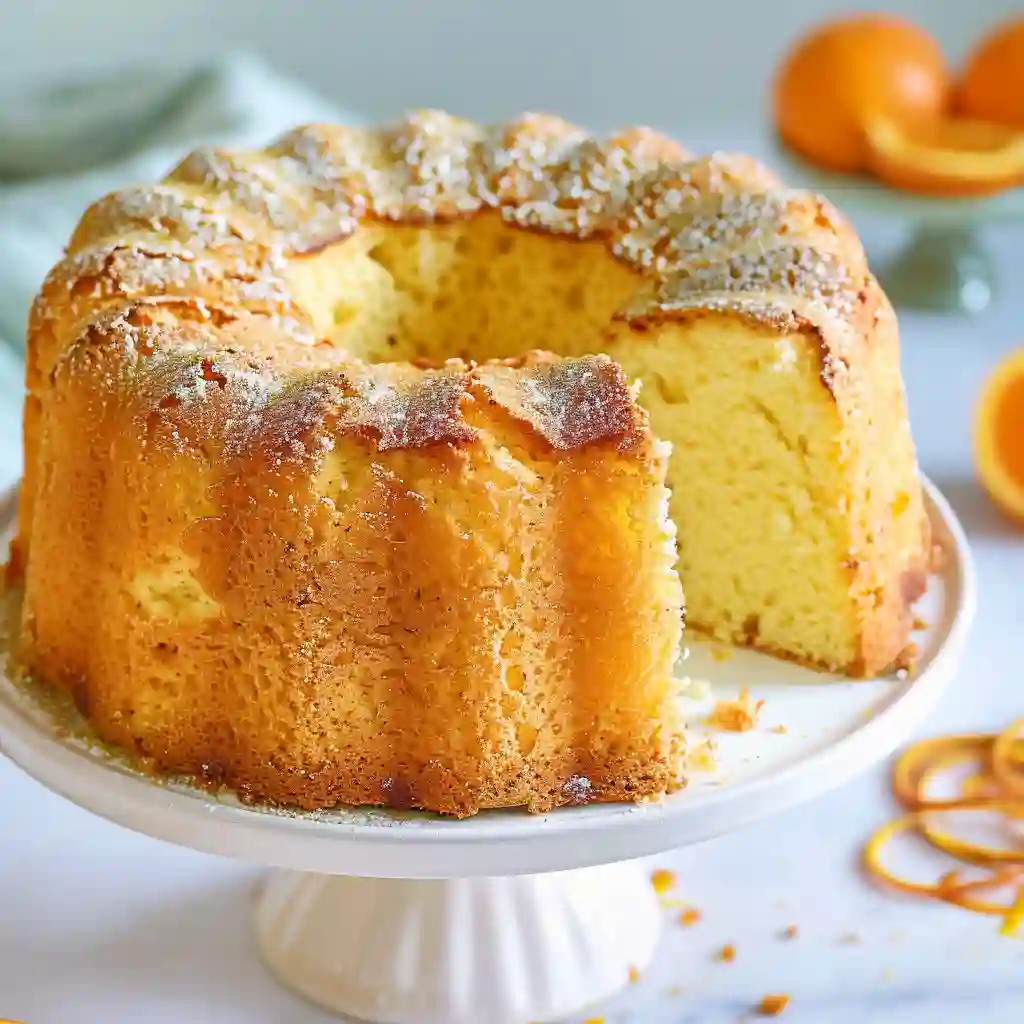 Close-up of a golden, fluffy orange chiffon cake on a white cake stand, clean background, no orange peels visible