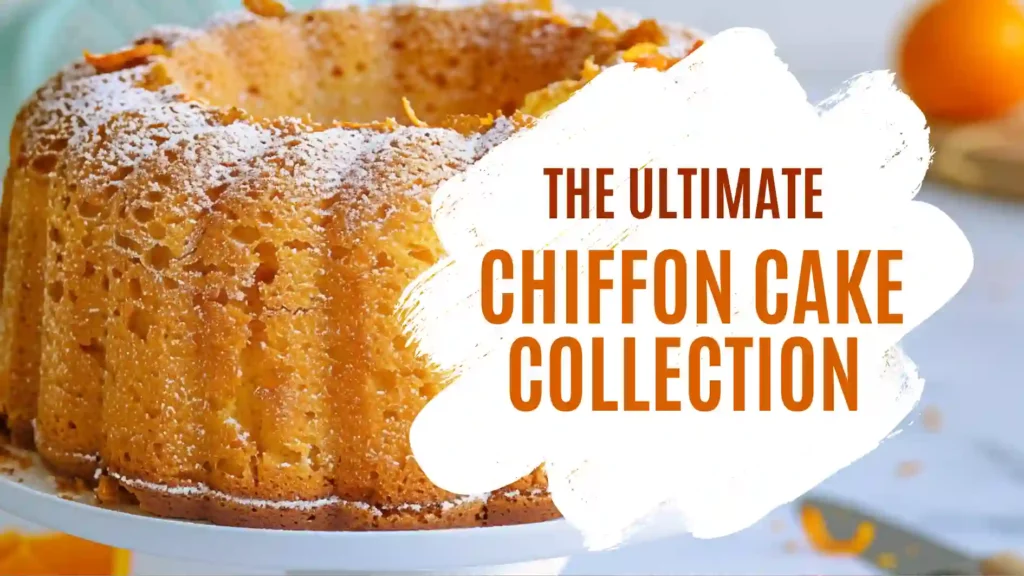 Fluffy chiffon cake on a white stand dusted with powdered sugar, airy golden crumb and bright natural light
