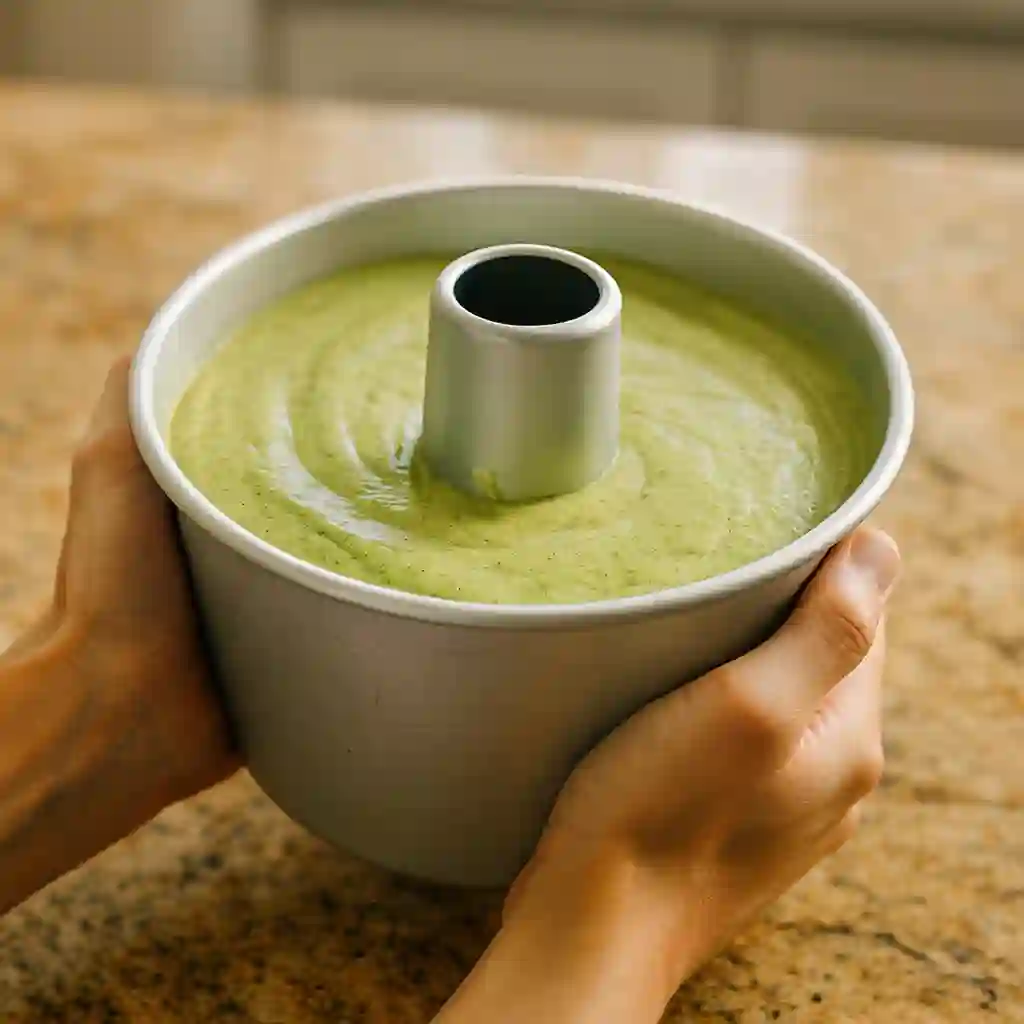 Hands holding a tube chiffon cake pan filled with smooth green matcha batter, ready to bake.