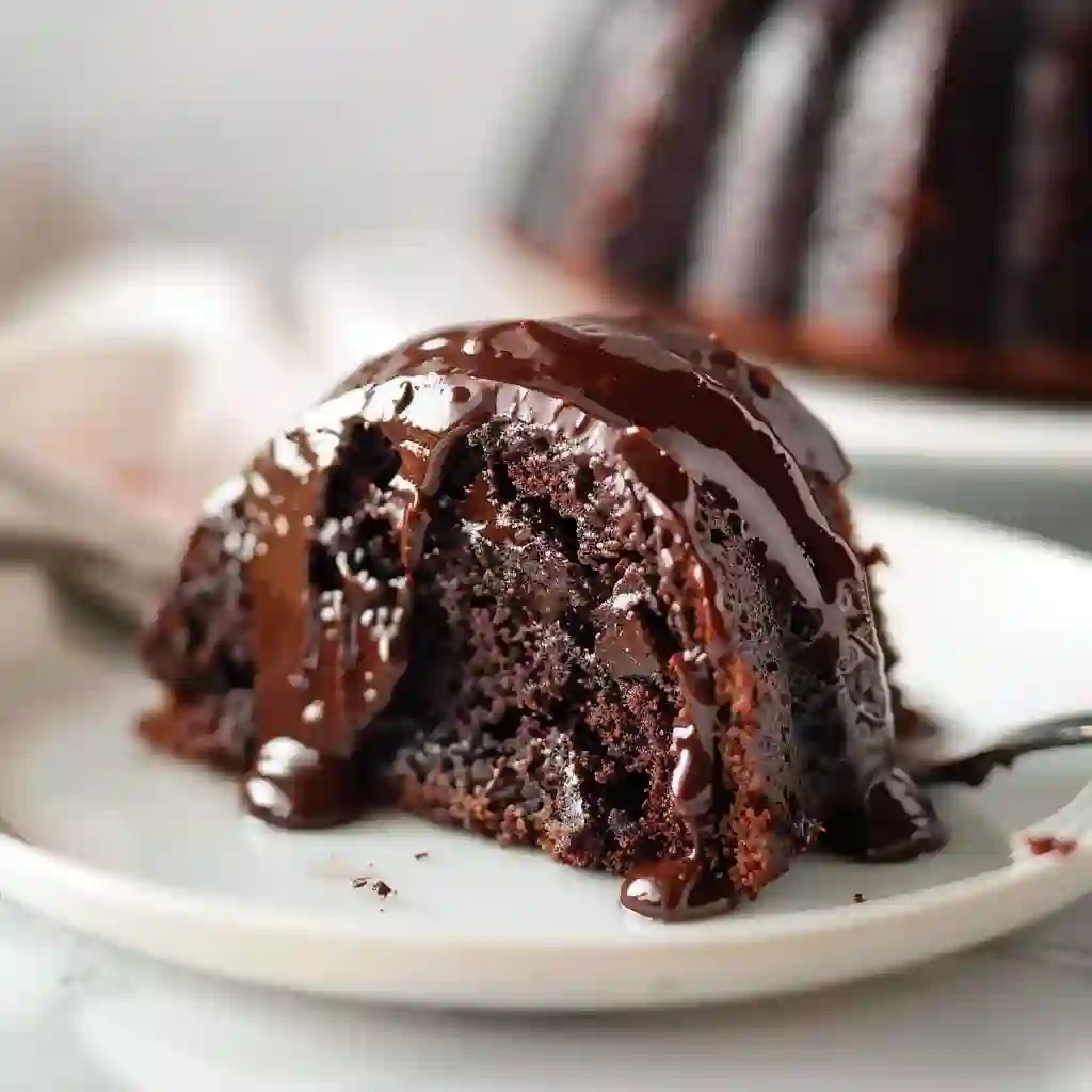 A close-up of a moist slice of chocolate Bundt cake topped with glossy fudge icing on a white plate