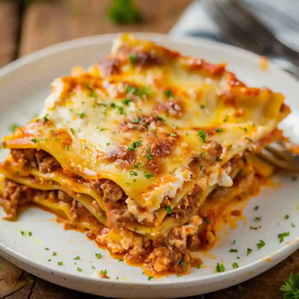 Best Beef Lasagna Recipe (Classic Italian Comfort Food) 3 Close-up of a slice of homemade beef lasagna on a white plate with melted cheese and parsley on top.