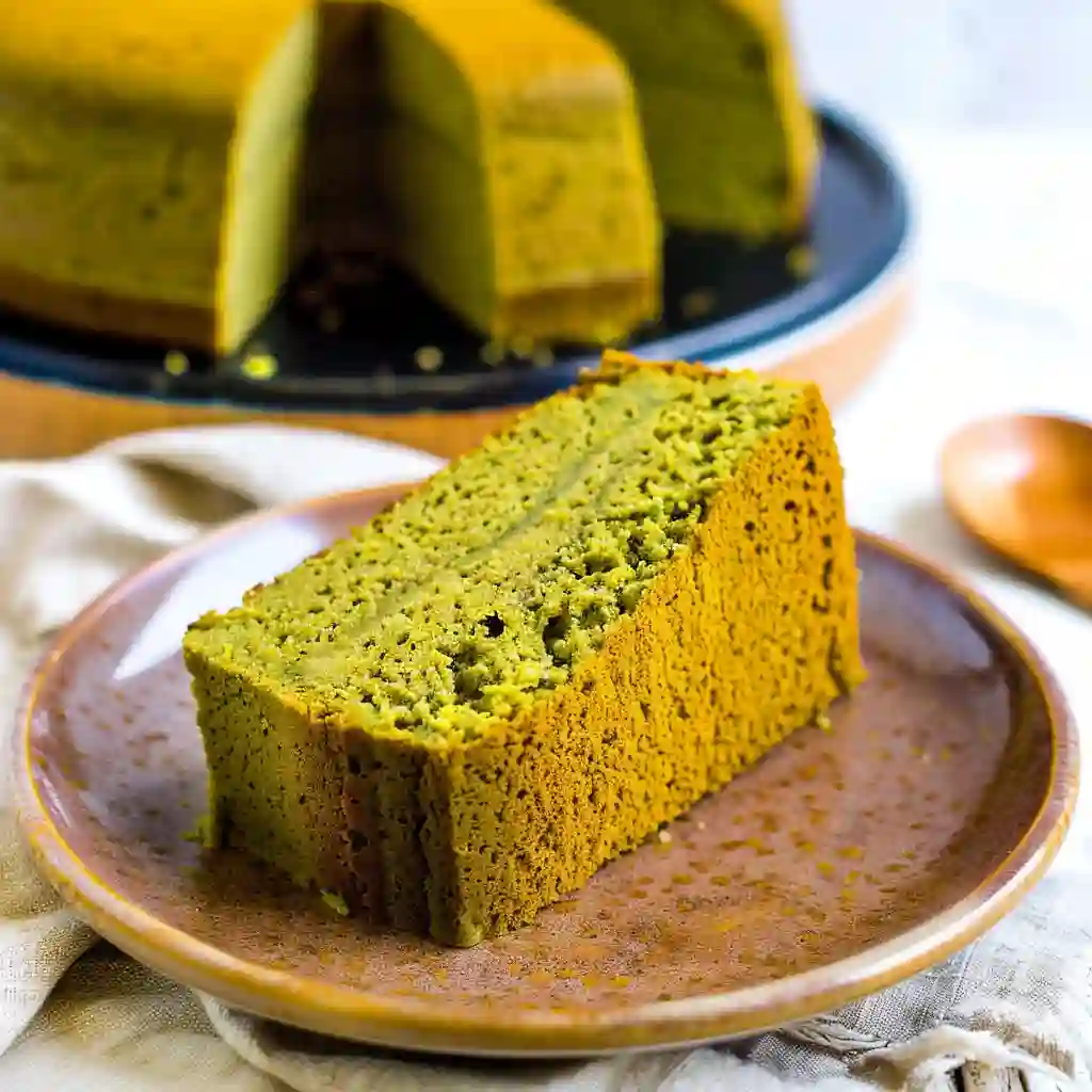 A slice of soft matcha chiffon cake served on a brown ceramic plate, with the full cake in the background.