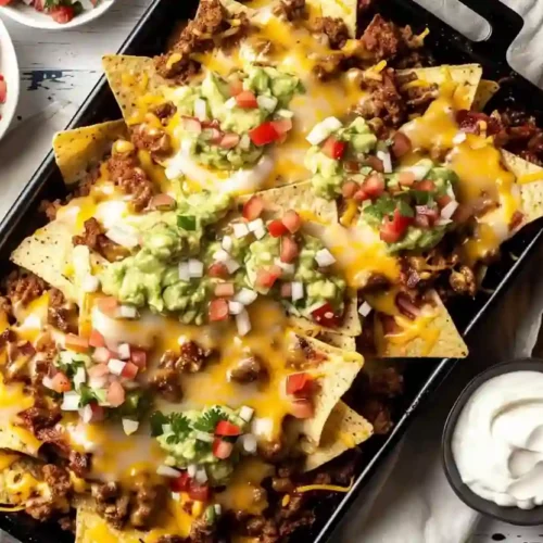 Tray of baked beef nachos topped with melted cheese, ground beef, and scallions, served with guacamole, pico de gallo, and sour cream.