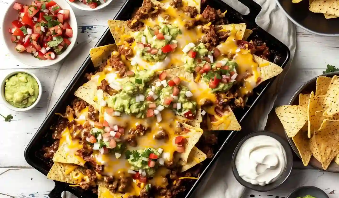 Tray of baked beef nachos topped with melted cheese, ground beef, and scallions, served with guacamole, pico de gallo, and sour cream.