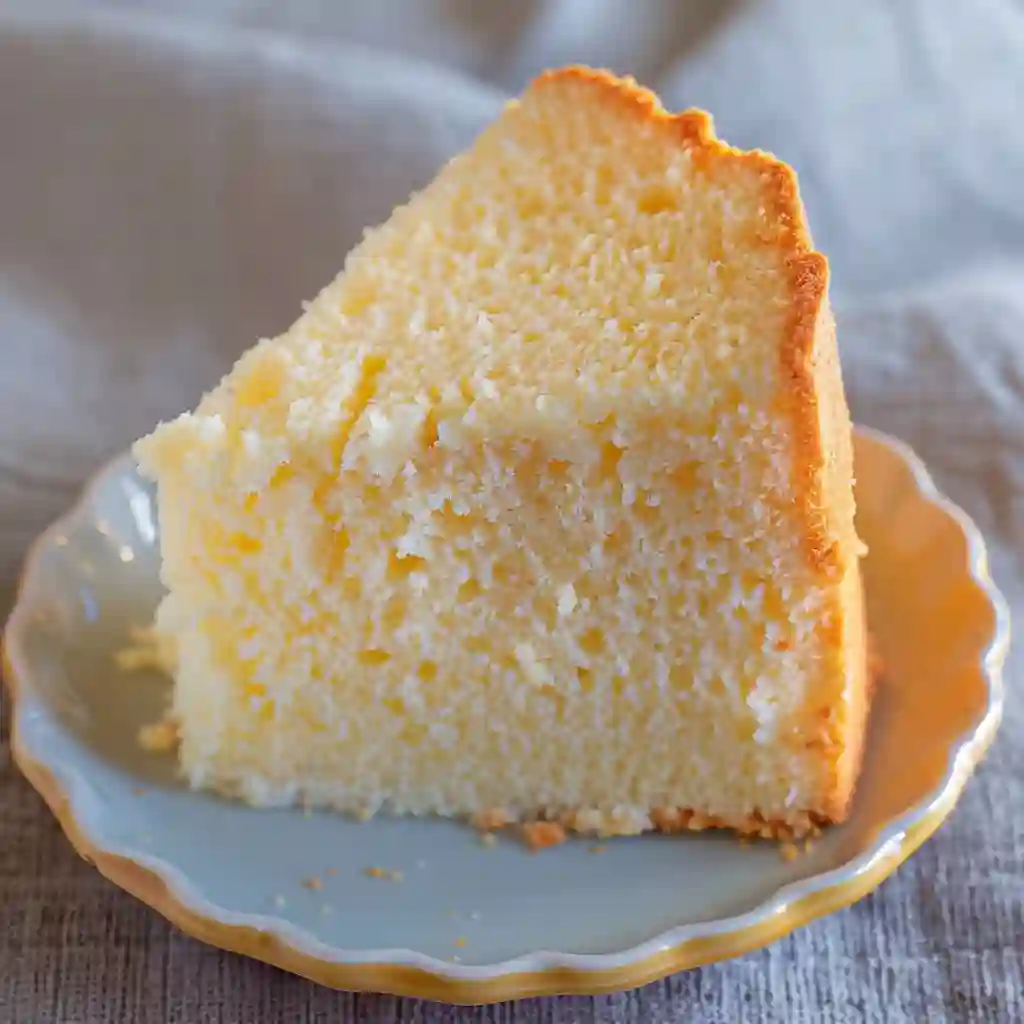 Slice of homemade vanilla chiffon cake with golden crust and soft airy interior