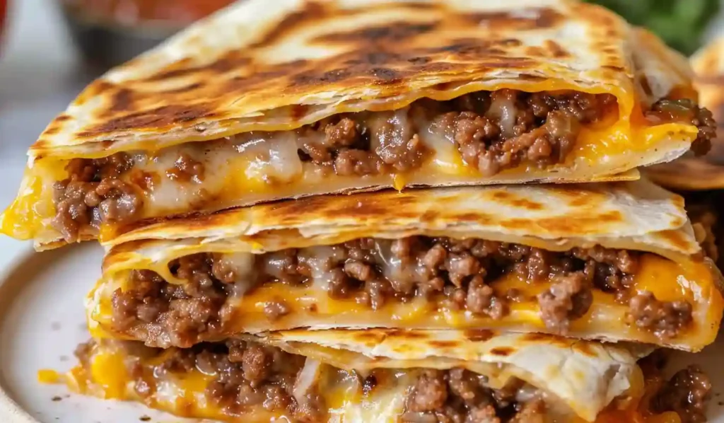 Stack of cheesy ground beef quesadillas with melted cheese oozing from crispy tortillas