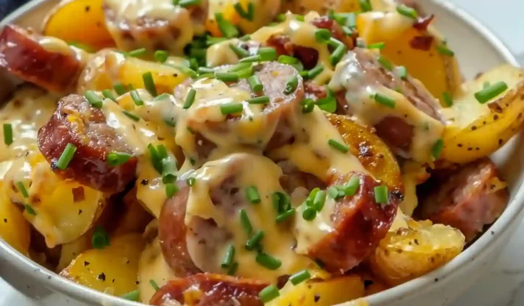 Bowl of cheesy ranch potatoes and smoked sausage topped with chives