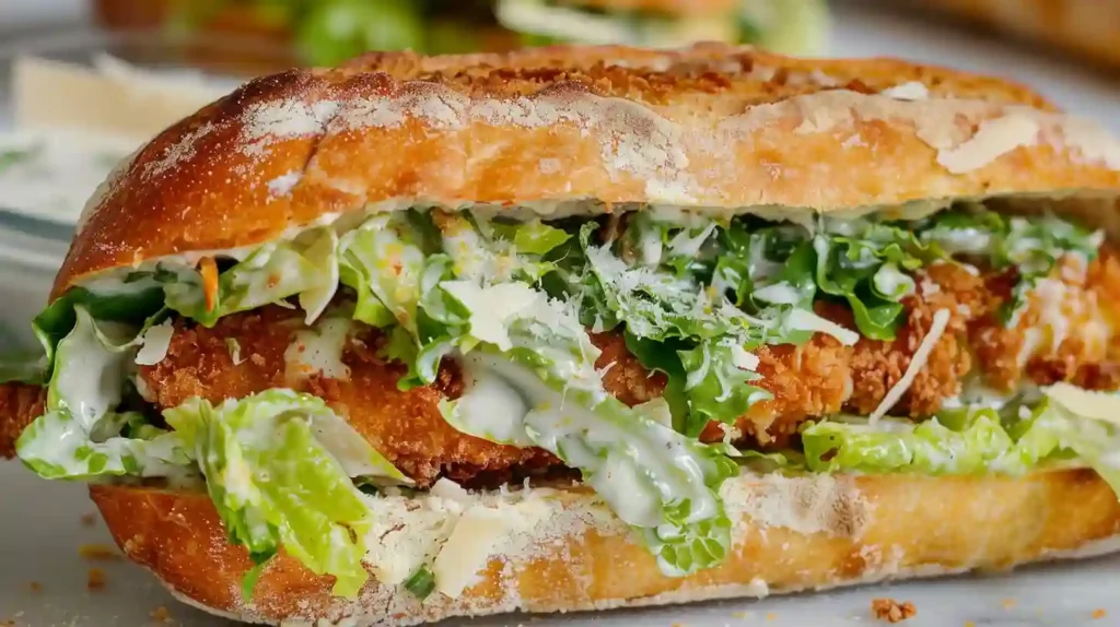 Crispy chicken Caesar sandwich with romaine lettuce and Parmesan on a crusty baguette