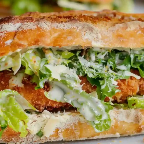 Crispy chicken Caesar sandwich with romaine lettuce and Parmesan on a crusty baguette