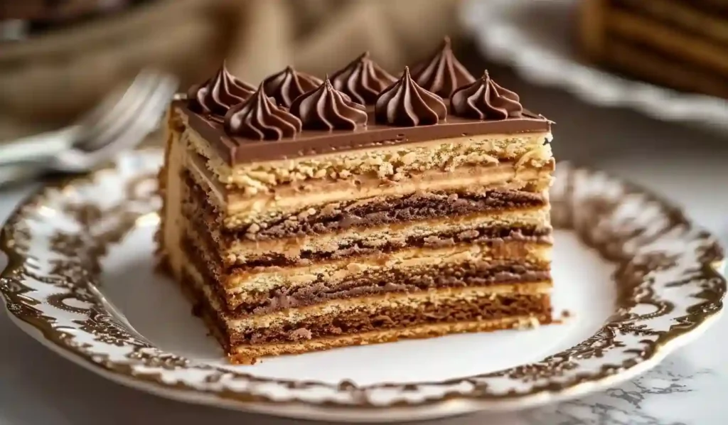 Close-up of a slice of Opera Cake with chocolate ganache and coffee buttercream layers