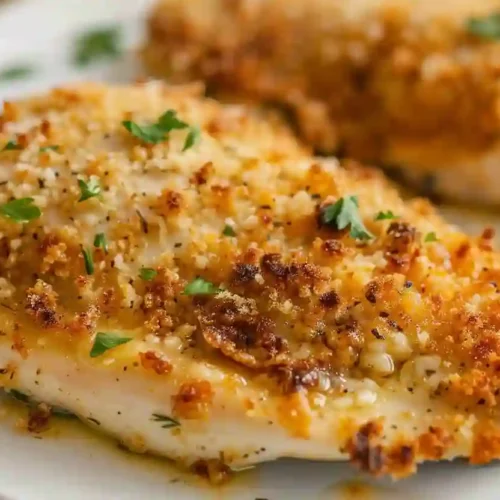 Close-up of golden baked chicken breast topped with melted parmesan and crispy breadcrumbs