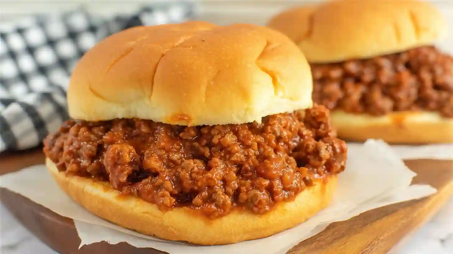 Close-up of a homemade sloppy joe sandwich filled with saucy ground beef on a soft bun