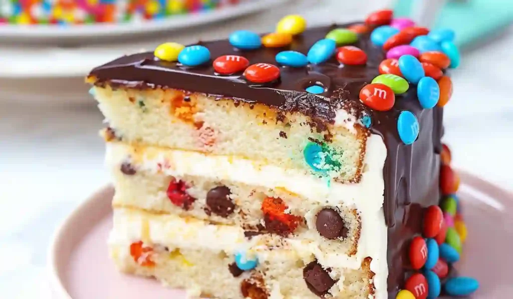 MM Cake Slice – Moist Funfetti Layers with Chocolate Ganache