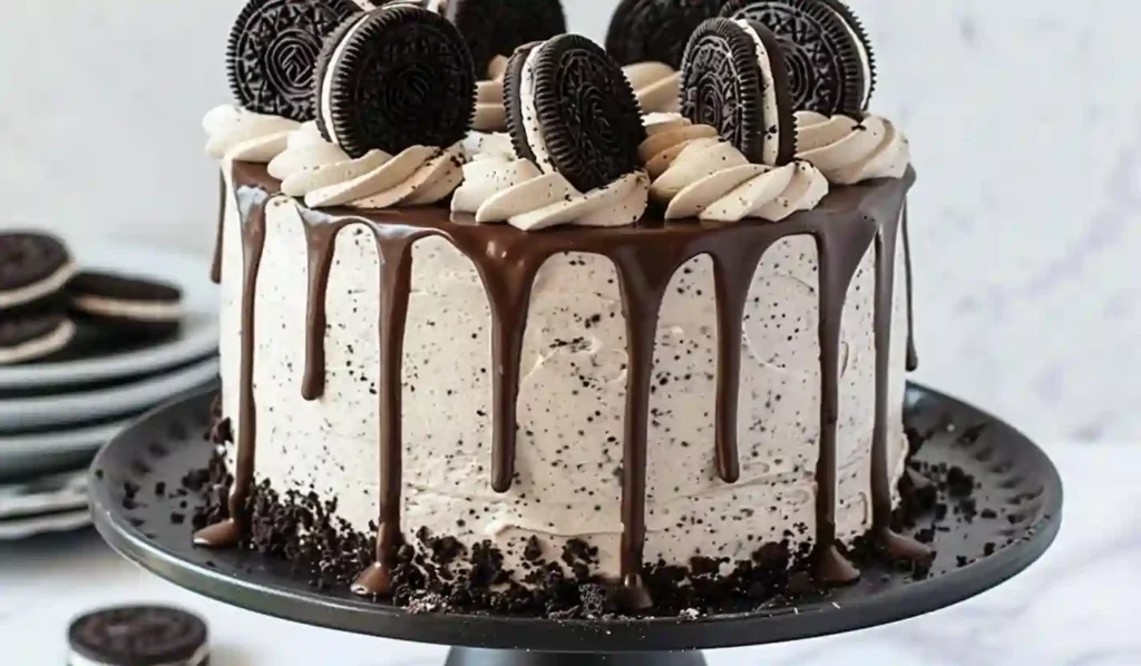 Close-up of an Oreo cake with chocolate ganache drip and crushed cookies on a black cake stand