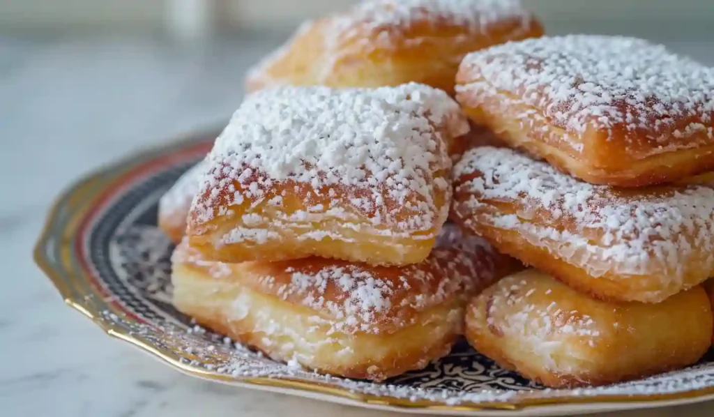 Stack of golden vanilla French beignets dusted with powdered sugar on a patterned plate