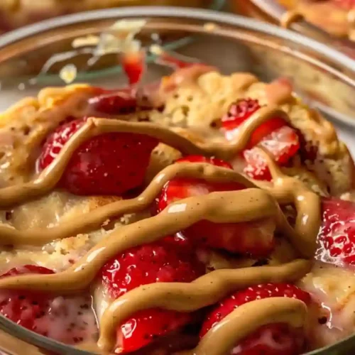 Close-up of a strawberry pancake bowl with peanut butter drizzle in a glass dish under natural sunlight.