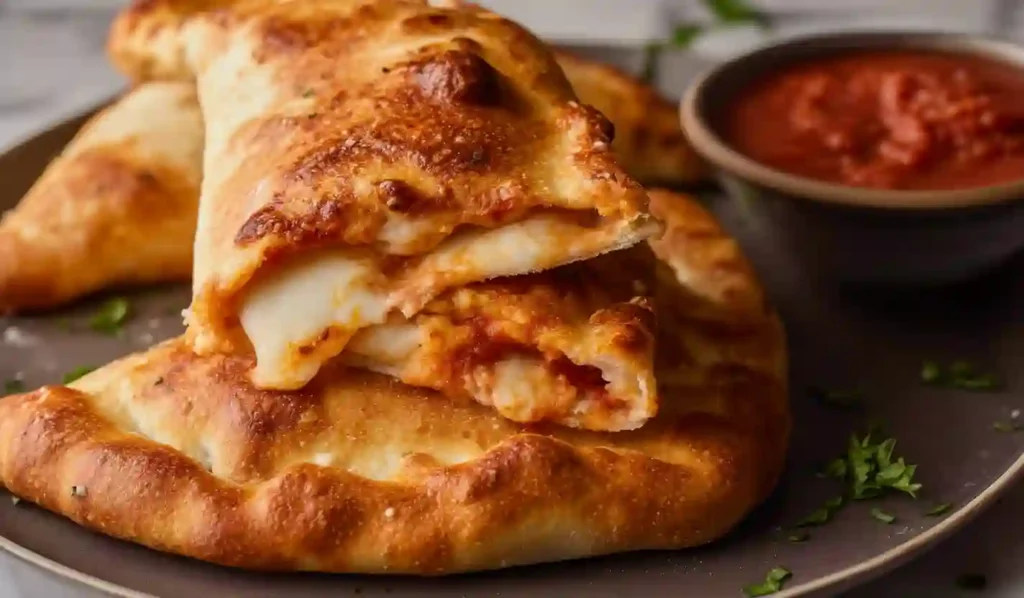 Golden baked cheese calzone with melted mozzarella served with marinara sauce