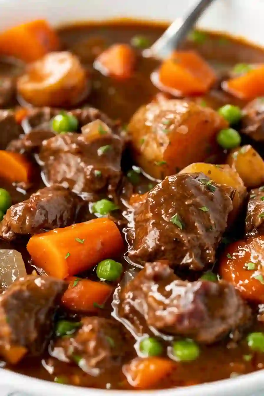 Beef Stew Crock Pot Recipes for Cozy Evenings 2 Close-up of homemade crock pot beef stew with tender beef chunks, carrots, peas, and potatoes in rich brown gravy.