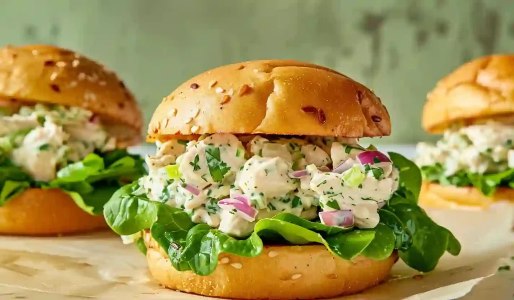 Close-up chicken salad sandwich on a soft bun with lettuce, photographed in natural light.