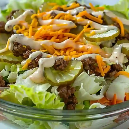 Close-up Big Mac Salad in a glass bowl with lettuce, ground beef, pickles, cheese, and creamy dressing.