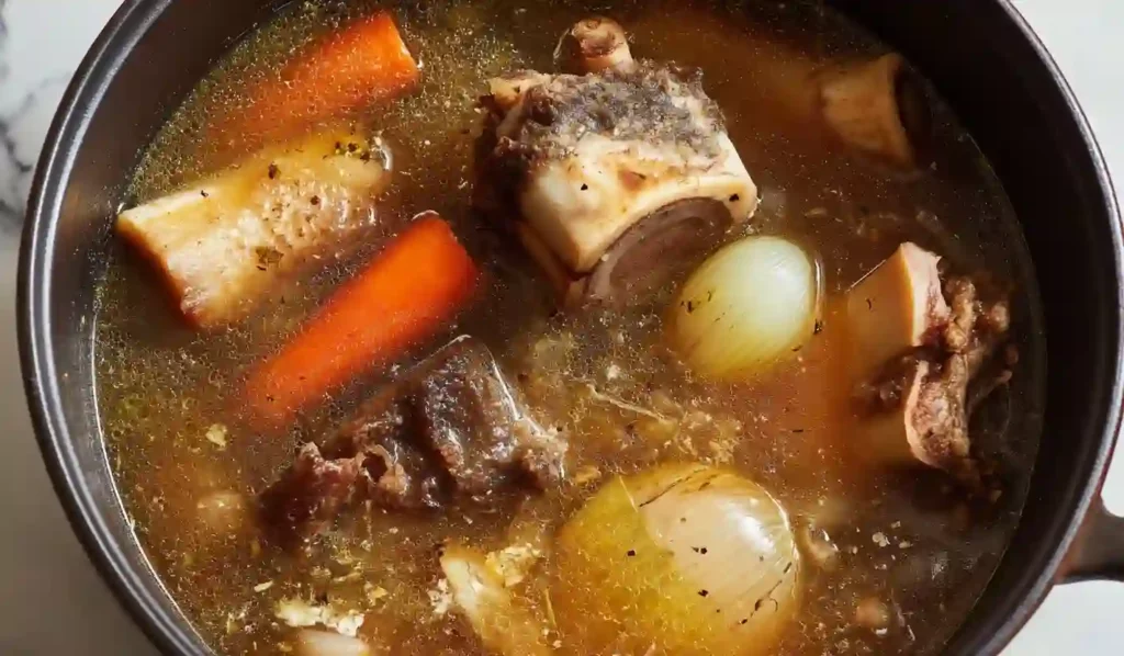 Homemade bone broth simmering in a dark pot with beef bones, carrot, onion, and clear golden broth