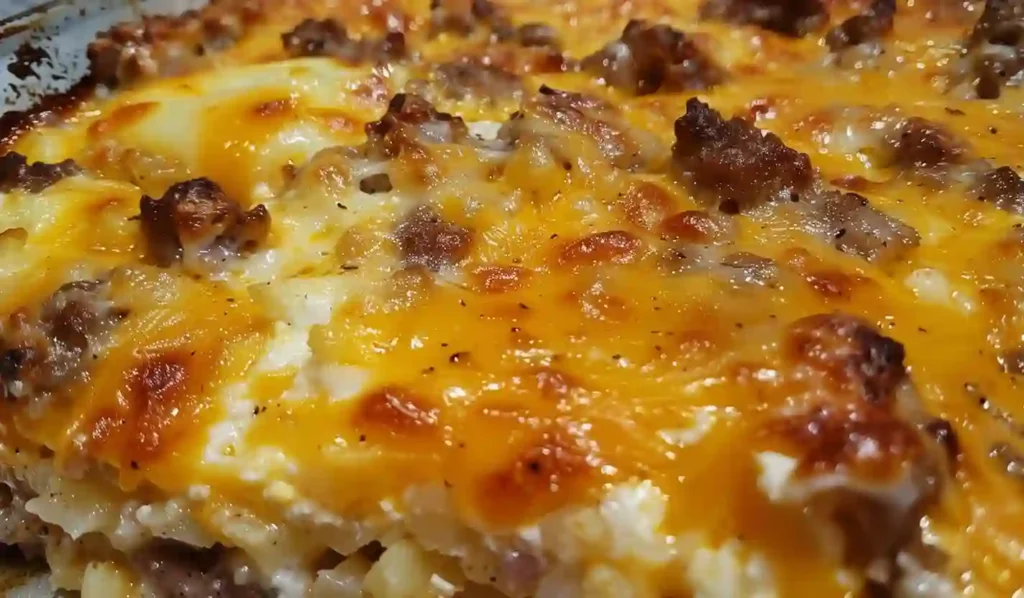 Extra close-up of a baked breakfast casserole with hashbrowns, sausage, and melted cheddar cheese.