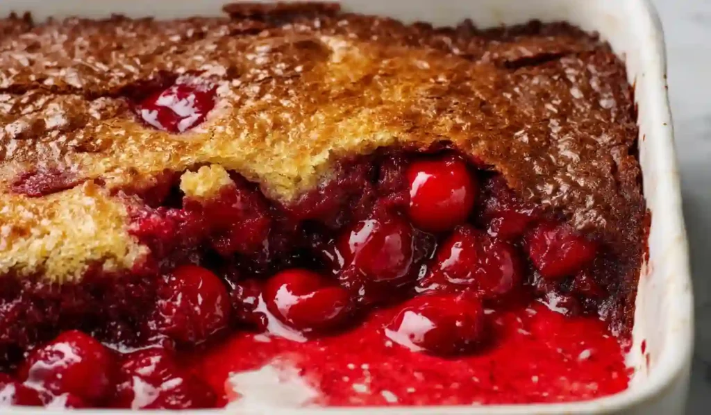 Close-up of homemade cherry dump cake with cracked golden-brown top and exposed cherry filling.