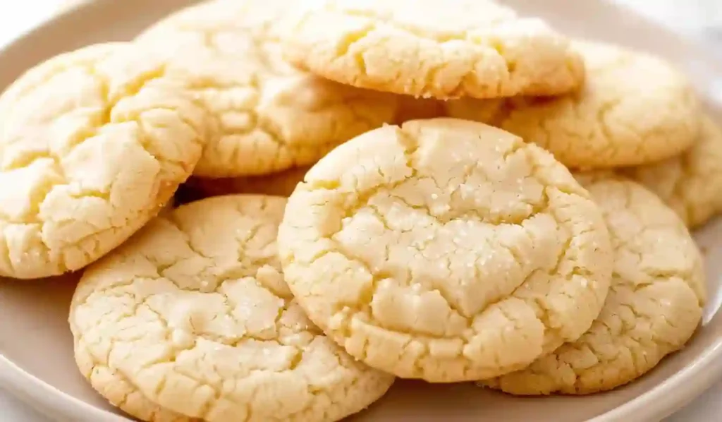 Close-up of homemade chewy sugar cookies with cracked tops on a plate