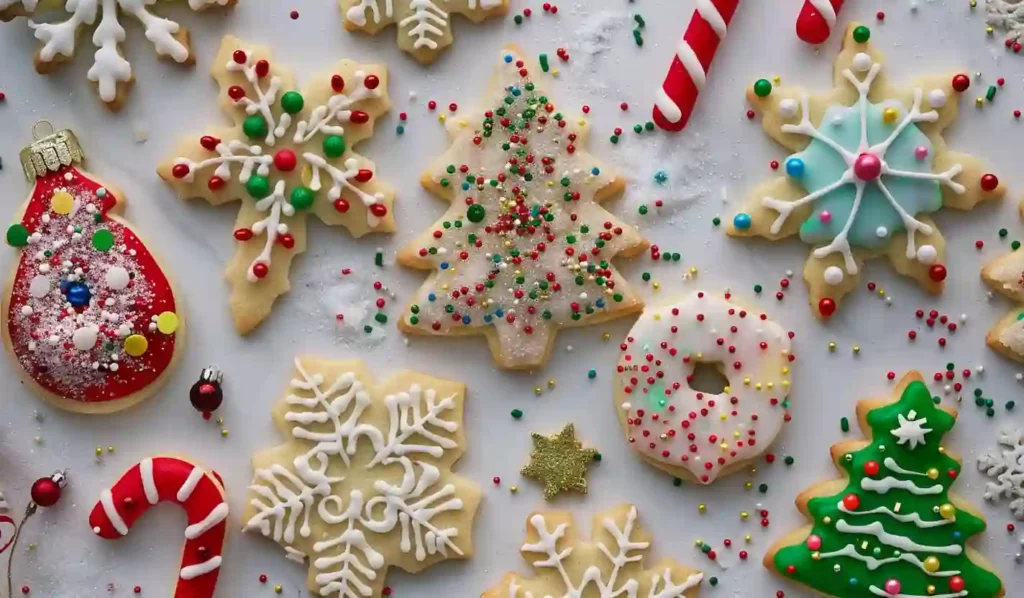 Overhead view of decorated Christmas sugar cookies with colorful icing and sprinkles.