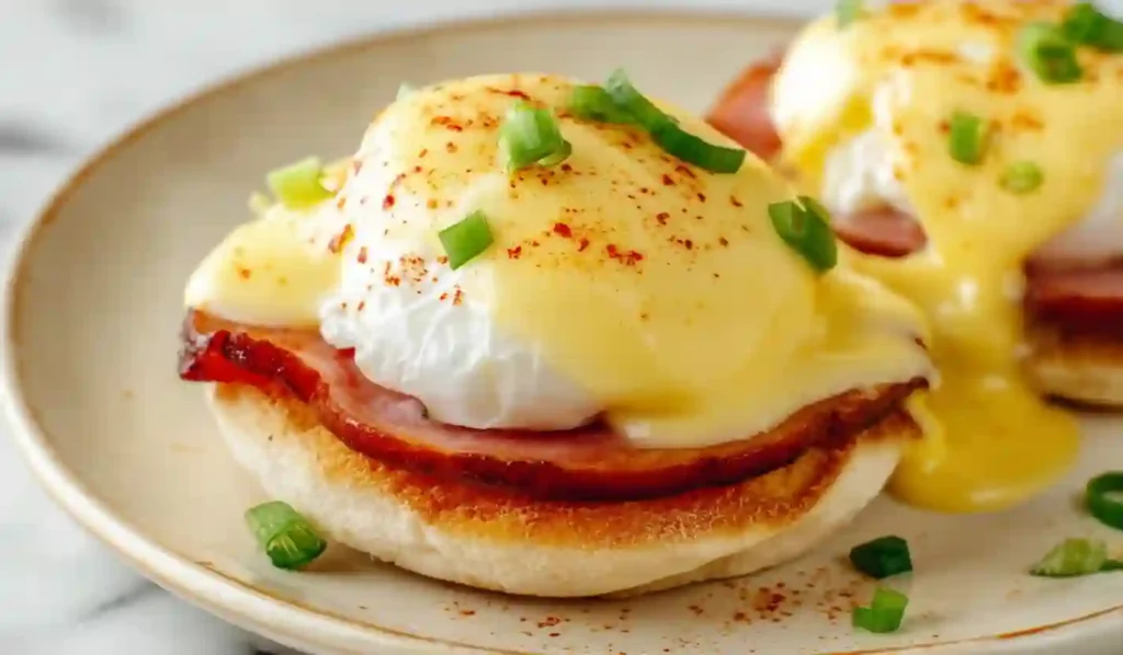 Classic eggs benedict with poached egg, hollandaise sauce, Canadian bacon on English muffin