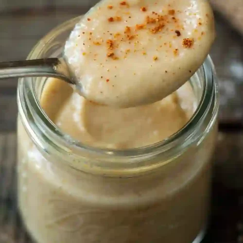 Cozy Homemade Tahini Recipe for Healthy, Everyday Comfort 4 Close-up of creamy homemade tahini sauce in a small glass jar with a spoon lifting the sauce, warm natural lighting